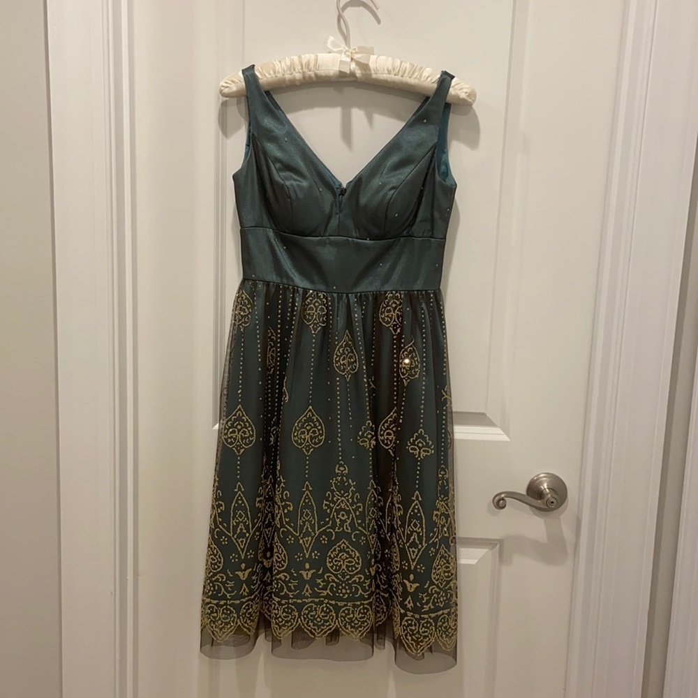 Adrianna Papell Boutique green overlay beaded cocktail dress.
